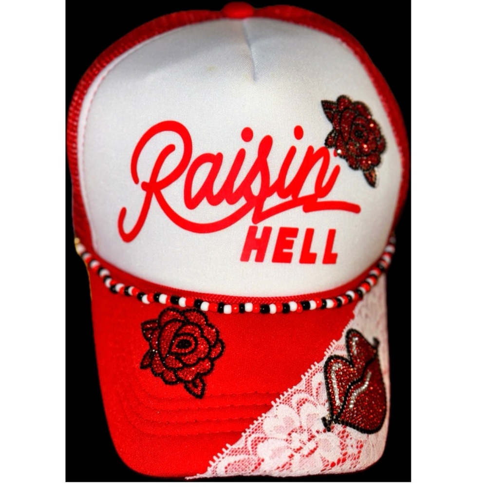 CUSTOM MADE “Raisin’ Hell” Red and White Women's Cap